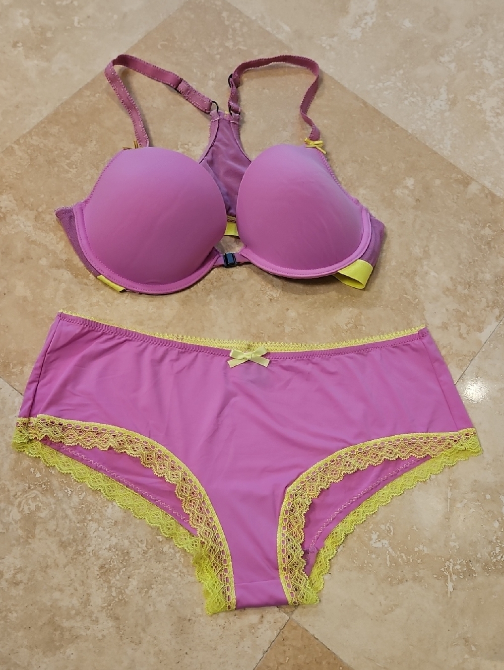 Kensie Pink with Yellow Lace Trim Bra & Brief Set